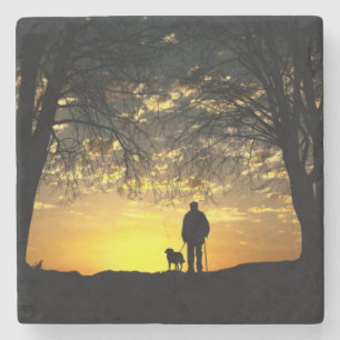 Tree Silhouette of Man and Dog at Sunset Stone Coaster