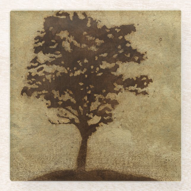 Tree Silhouette on Bronze Background Glass Coaster (Front)