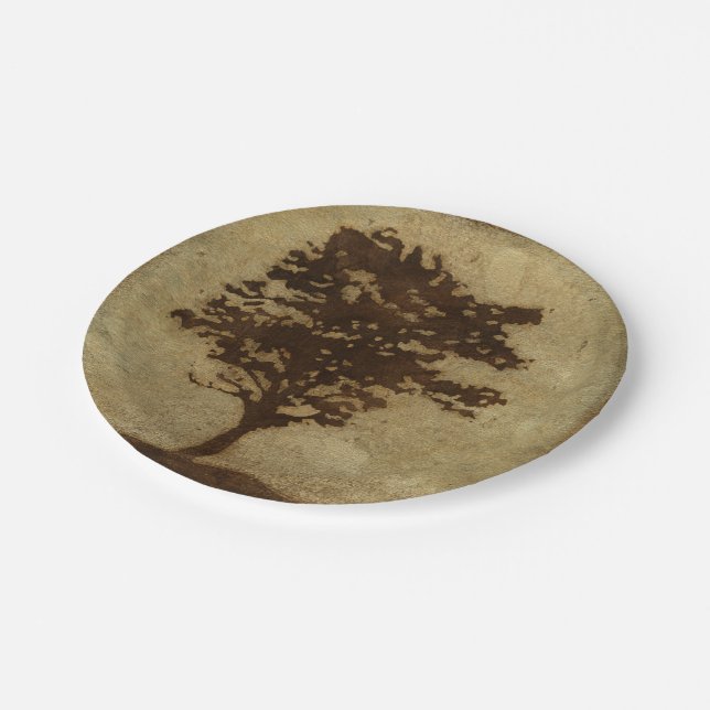 Tree Silhouette on Bronze Background Paper Plate (Angled)