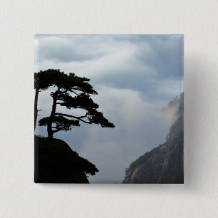 Tree silhouetted at sunrise, Yellow Mountain, 15 Cm Square Badge