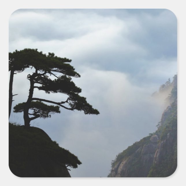 Tree silhouetted at sunrise, Yellow Mountain, Square Sticker (Front)