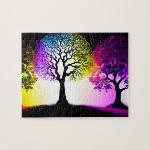 Tree Silhouettes with Rainbow Flare Jigsaw Puzzle
