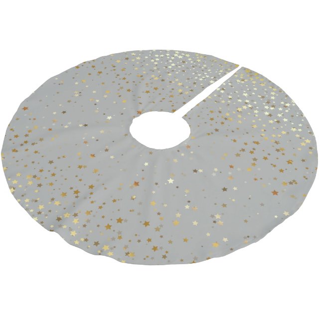Tree Skirt-Gold Stars Silver-Grey Brushed Polyester Tree Skirt (Angled)