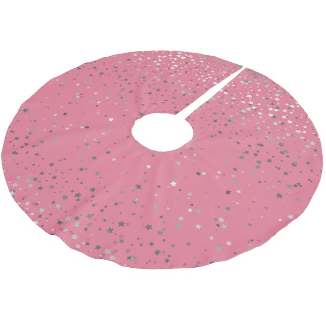 Tree Skirt-Silver-Grey Stars Pink Brushed Polyester Tree Skirt (Angled)