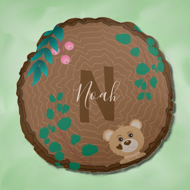 Tree Slab with Bear Nursery Room Monogram Pillow (Front of pillow .)