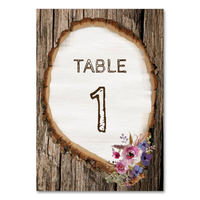 Tree Slice Stump with Flowers Wedding Table Number (Front)