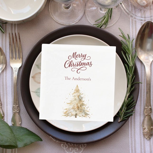 Tree snow white red script Christmas luncheon Napkin (Creator Uploaded)