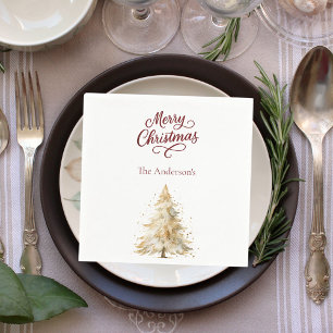 Tree snow white red script Christmas Napkin