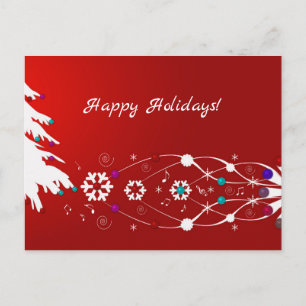 Tree, Snowflakes, & Swirls Red Happy Holidays Card