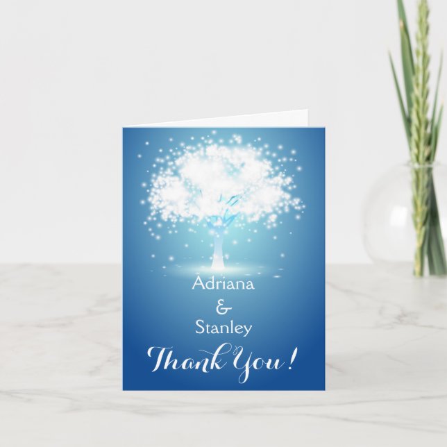 Tree & sparkling lights blue wedding Thank You Card (Front)