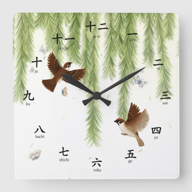 Tree Sparrows Kanji Numbers Romaji Pronunciaton Sq Square Wall Clock (Front)