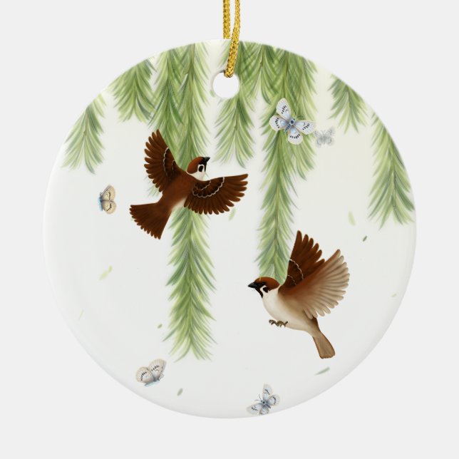 Tree Sparrows Under a Weeping Willow Personalized Ceramic Tree Decoration (Front)