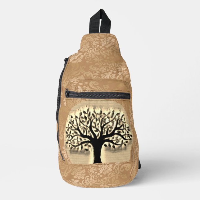 Tree stands in front of a landscape clock sling bag (Front)