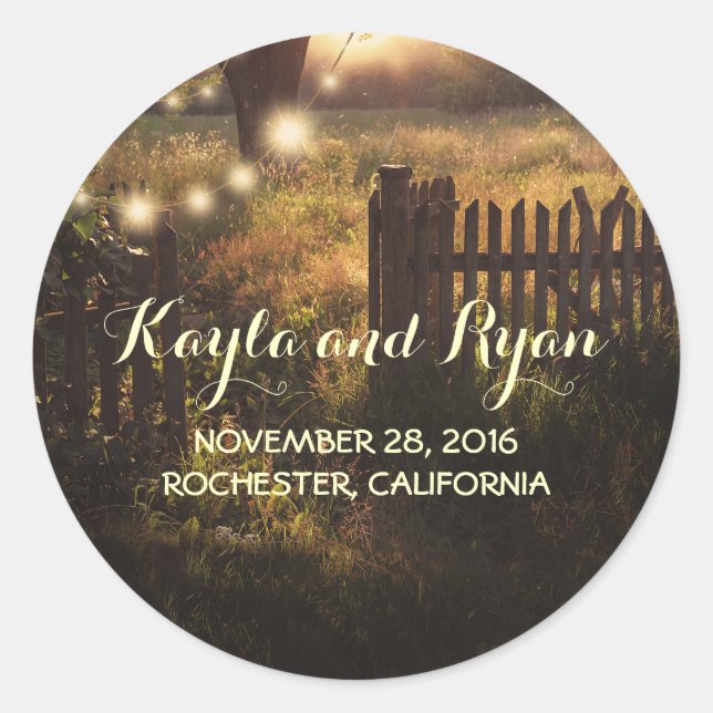 Tree String Lights Rustic Country Wedding Classic Round Sticker (Front)