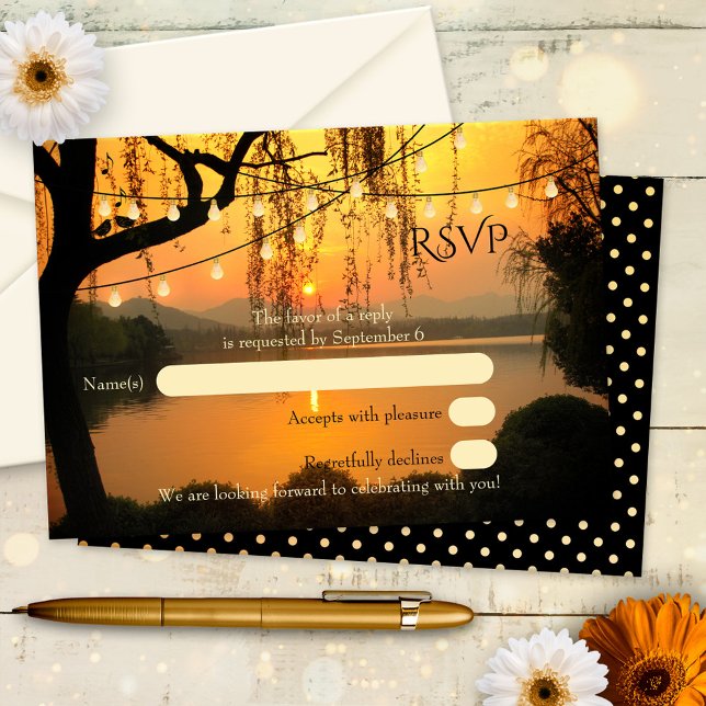 Tree String Lights Sunset Wedding RSVP Card (Wedding RSVP card with string lights on a tree overlooking the water at sunset)