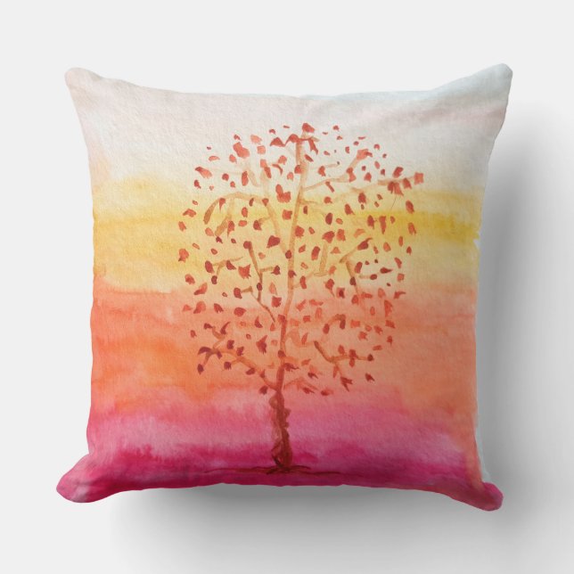 Tree Sunset Watercolor Hand Painted Cushion (Front)
