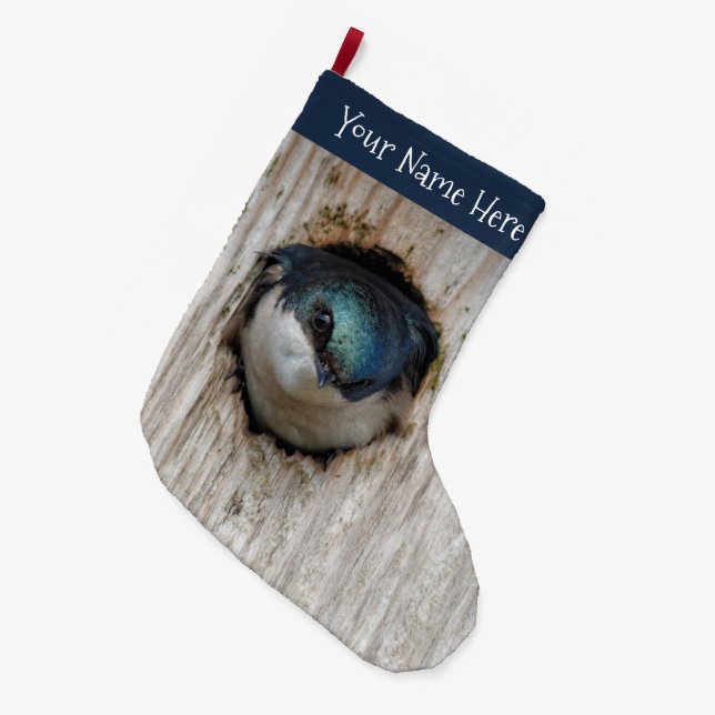 Tree Swallow Songbird in Nestbox Large Christmas Stocking (Front (Hanging))
