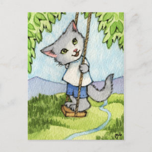 Tree Swing - Cute Cat Art Postcard