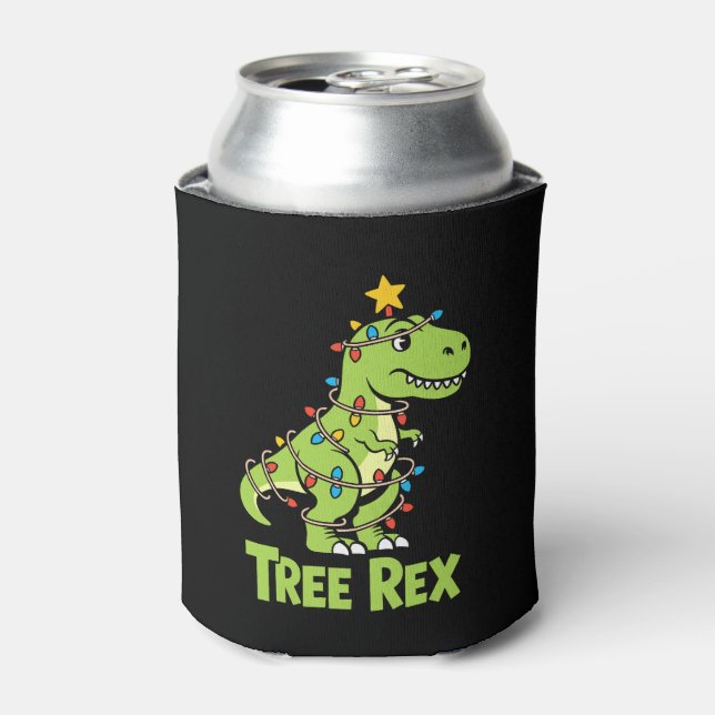 Tree T Rex Dinosaur Christmas Lights Star Xmas Can Cooler (Can Front)