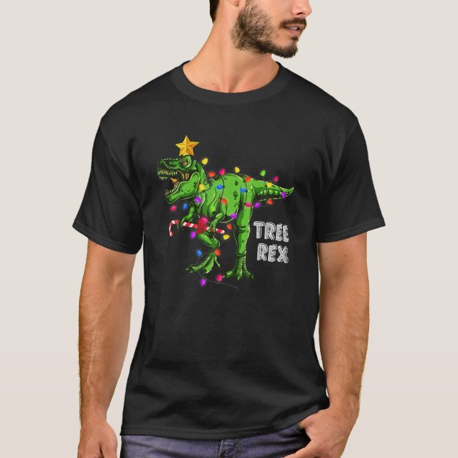 Tree T Rex Dinosaur Xmas Christmas Lights Christma T-Shirt (Front)