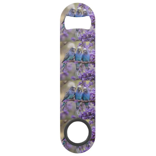 Tree Top Chatter: Blue Budgies In Jacaranda Tree, (Front)