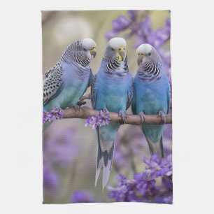 Tree Top Chatter: Blue Budgies In Jacaranda Tree, Tea Towel
