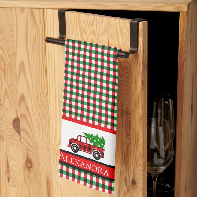  Tree Truck Chef  Red Green Holiday Plaid Tea Towel (Thirds Fold)
