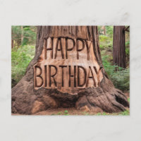 tree trunk carved with happy birthday