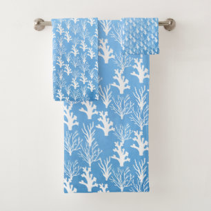 Tree white corals on blue background bath towel set