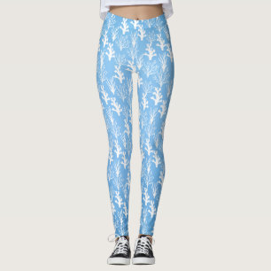 Tree white corals on blue background leggings