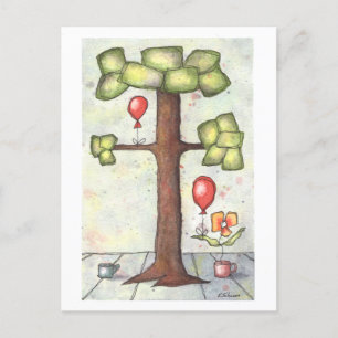 Tree with Balloon Watercolor Postcard