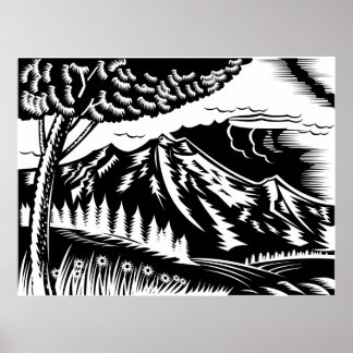 tree with mountain in background woodcut poster