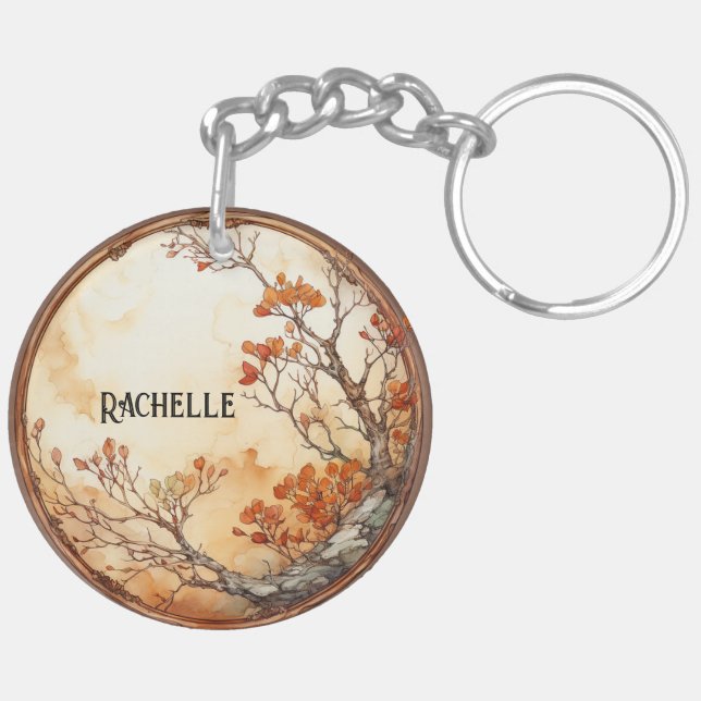 Tree with Orange Flowers Twig Wreath Leaves  Key Ring (Back Left)