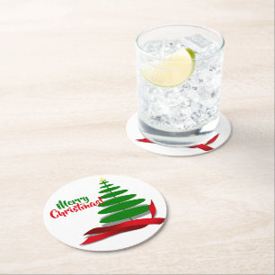 Tree With Red Ribbon Christmas Round Paper Coaster