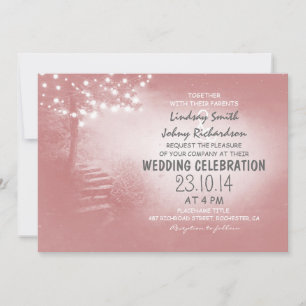 tree with string lights coral pink rustic wedding invitation