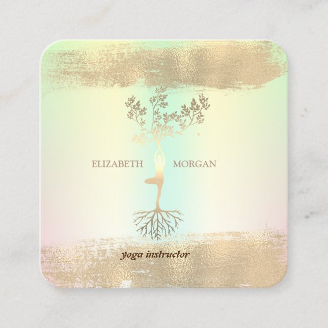 Tree Women Silhouet Gold Brush Stroke Holographic Square Business Card (Front)