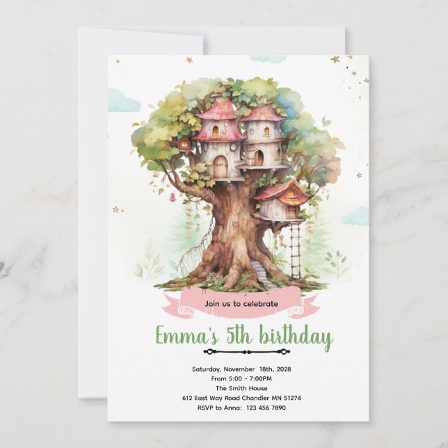 Treehouse girl party invitation (Front)