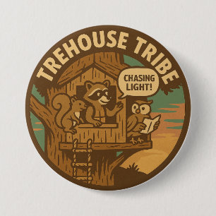 Treehouse Tribe Racoon Squirrel Owl Chasing Light 7.5 Cm Round Badge