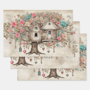 Treehouse with flowers wrapping paper sheet