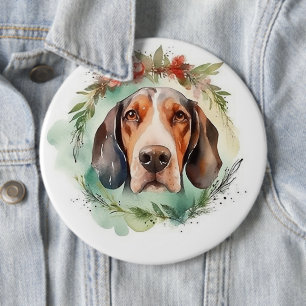 Treeing Walker Christmas Wreath Festive Pup  6 Cm Round Badge