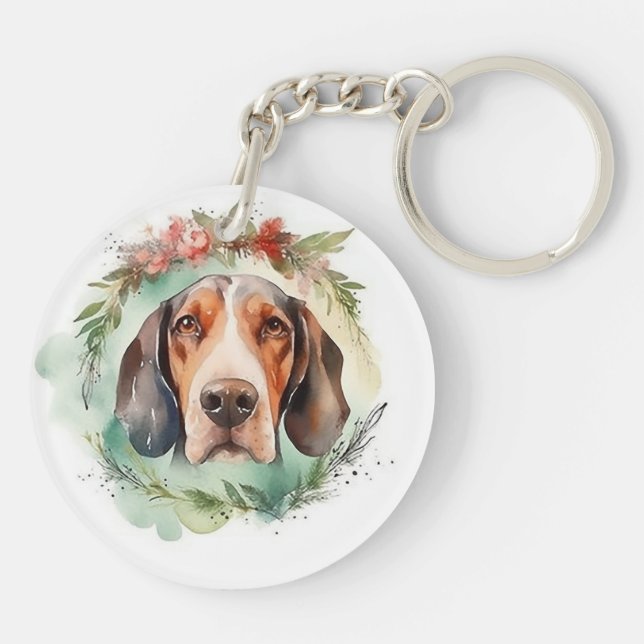 Treeing Walker Christmas Wreath Festive Pup  Key Ring (Back)