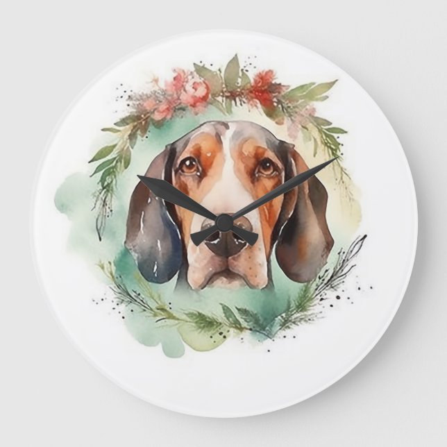 Treeing Walker Christmas Wreath Festive Pup  Large Clock (Front)