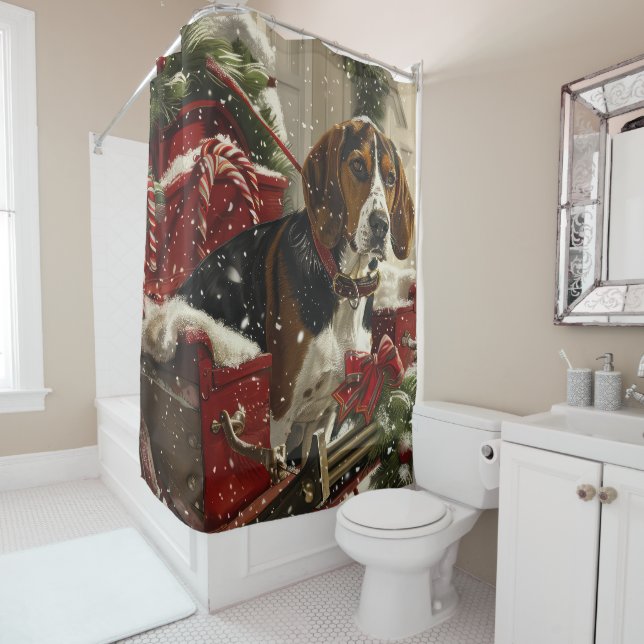 Treeing Walker Coonhound Dog Christmas Festive Shower Curtain (In Situ)