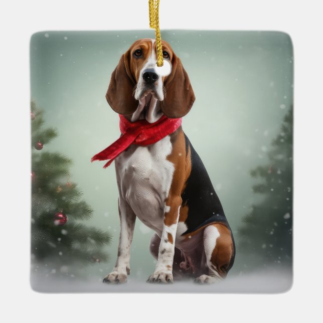 Treeing Walker Coonhound Dog in Snow Christmas Ceramic Ornament (Front)