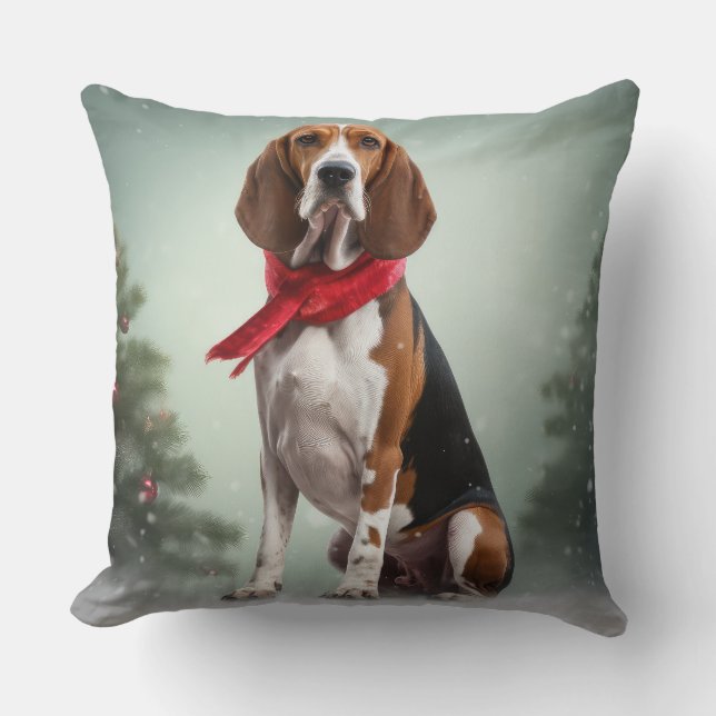Treeing Walker Coonhound Dog in Snow Christmas Cushion (Front)