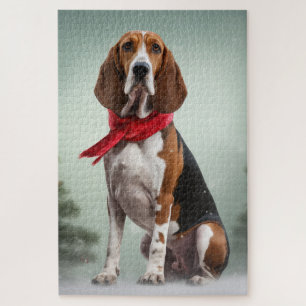 Treeing Walker Coonhound Dog in Snow Christmas Jigsaw Puzzle