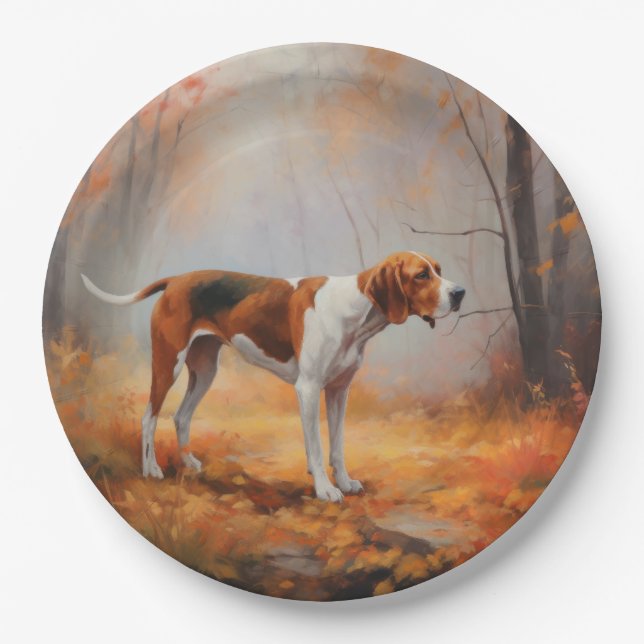 Treeing Walker Coonhound in Autumn Leaves Fall  Paper Plate (Front)