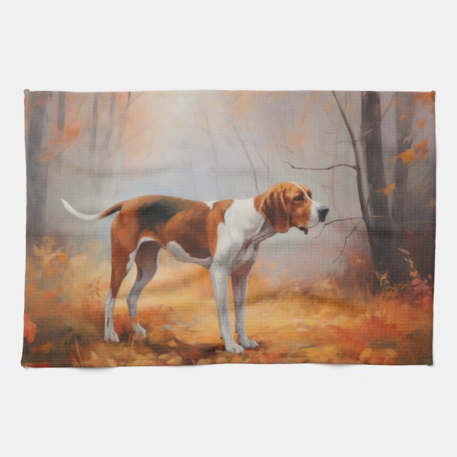 Treeing Walker Coonhound in Autumn Leaves Fall  Tea Towel (Horizontal)