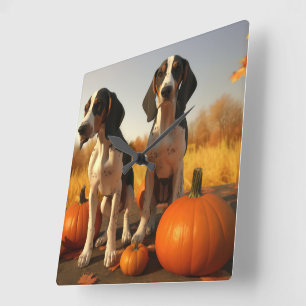 Treeing Walker Coonhound Puppy Autumn Pumpkin Square Wall Clock