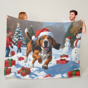 Treeing Walker Coonhound Snow with Christmas Hat Fleece Blanket
